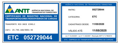 Certificado ANTT Via Funchal Logística